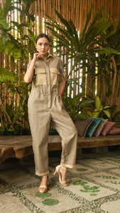 Elastic Waist Oversized Short Sleeve Baggy Jumpsuit — Checkered / Khaki