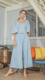 Load image into Gallery viewer, Double Front Pleat Wide Leg Pants in Light Blue Linen
