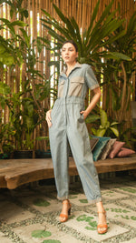 Load image into Gallery viewer, Elastic Waist Oversized Short Sleeve Baggy Jumpsuit — Light Blue / Light Brown
