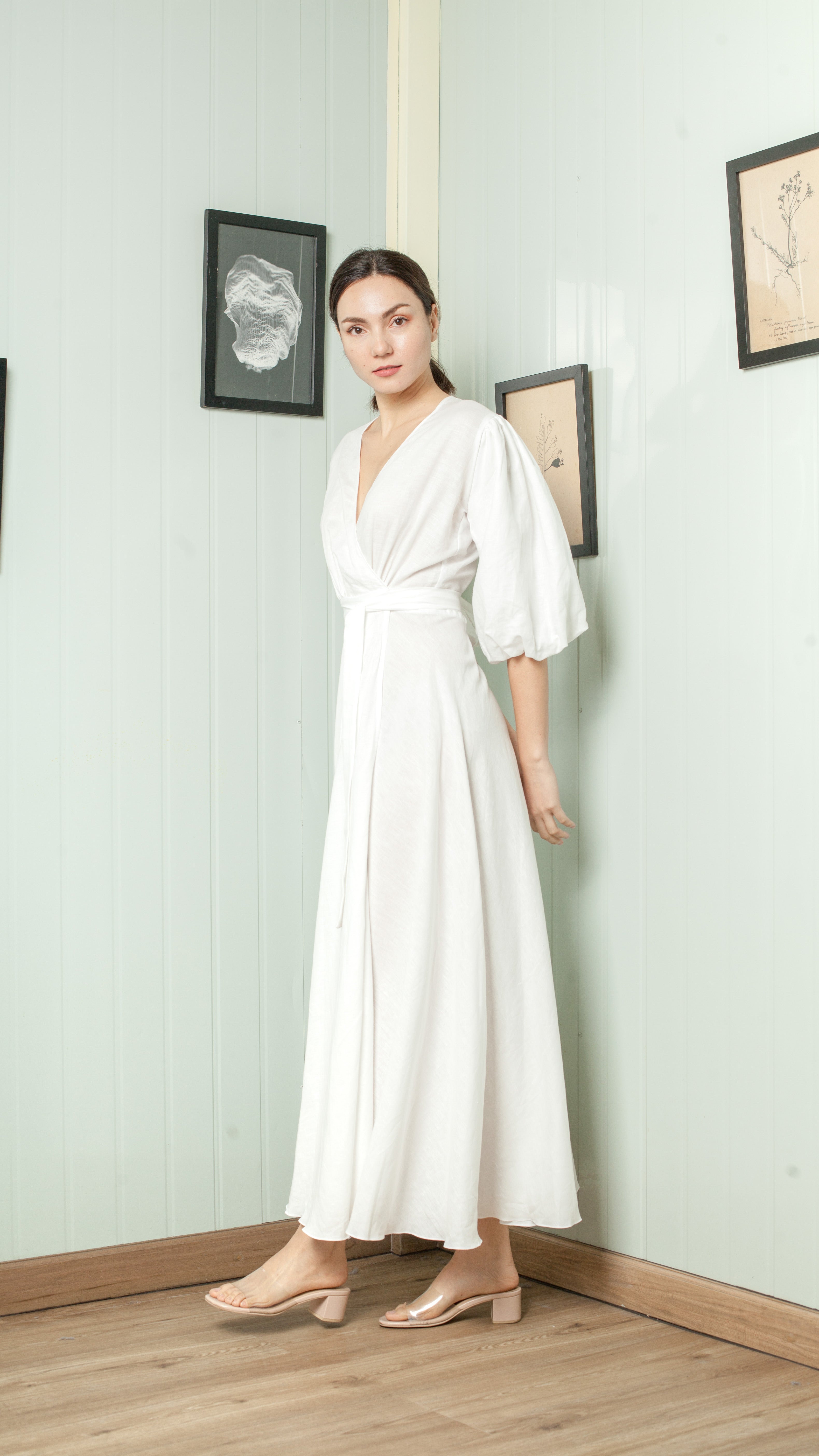3/4 Mushroom Sleeve Wrap Long Dress — White