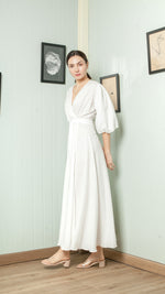 Load image into Gallery viewer, 3/4 Mushroom Sleeve Wrap Long Dress — White
