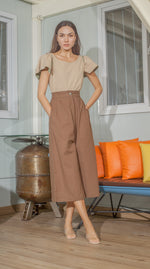 Load image into Gallery viewer, Single Button Front Zip Flat Front Waistband Back Elastic Wide Hem Pants — Dark Brown
