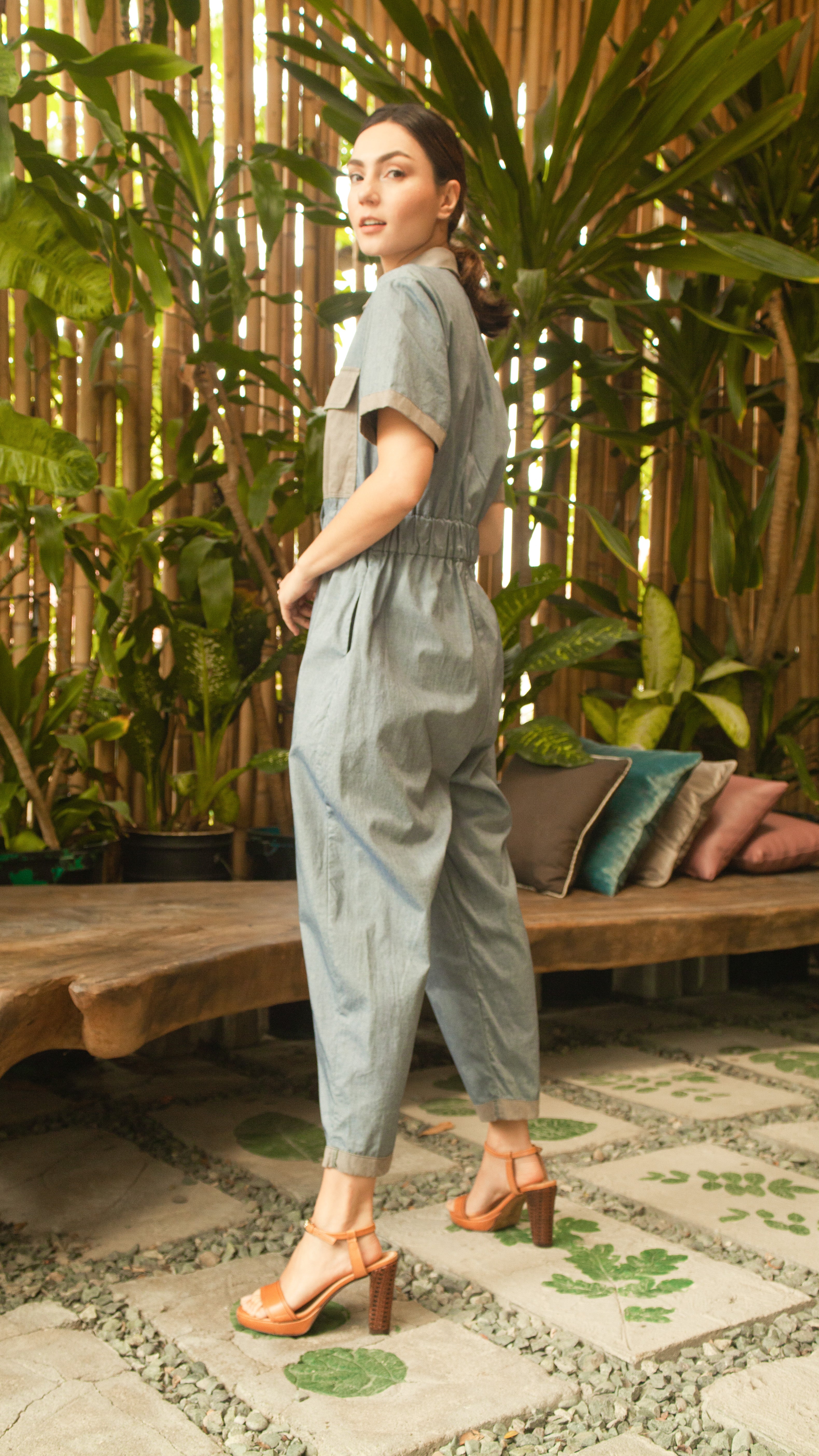 Elastic Waist Oversized Short Sleeve Baggy Jumpsuit — Light Blue / Light Brown
