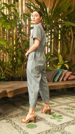 Load image into Gallery viewer, Elastic Waist Oversized Short Sleeve Baggy Jumpsuit — Light Blue / Light Brown
