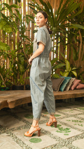 Elastic Waist Oversized Short Sleeve Baggy Jumpsuit — Light Blue / Light Brown