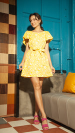 Load image into Gallery viewer, Front Zip V Neck Doll Dress — Yellow Floral
