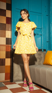 Front Zip V Neck Doll Dress — Yellow Floral
