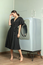 Load image into Gallery viewer, Short Mushroom Sleeve Wrap Midi Dress — Black
