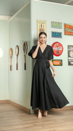 Load image into Gallery viewer, Short Mushroom Sleeve Wrap Long Dress — Black
