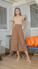 Load image into Gallery viewer, Single Button Front Zip Flat Front Waistband Back Elastic Wide Hem Pants — Dark Brown
