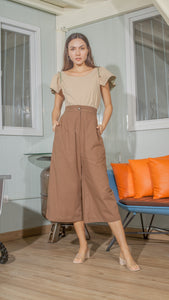 Single Button Front Zip Flat Front Waistband Back Elastic Wide Hem Pants — Dark Brown