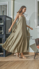 Load image into Gallery viewer, Spaghetti Strap Balloon Dress in Fatigue Green Linen
