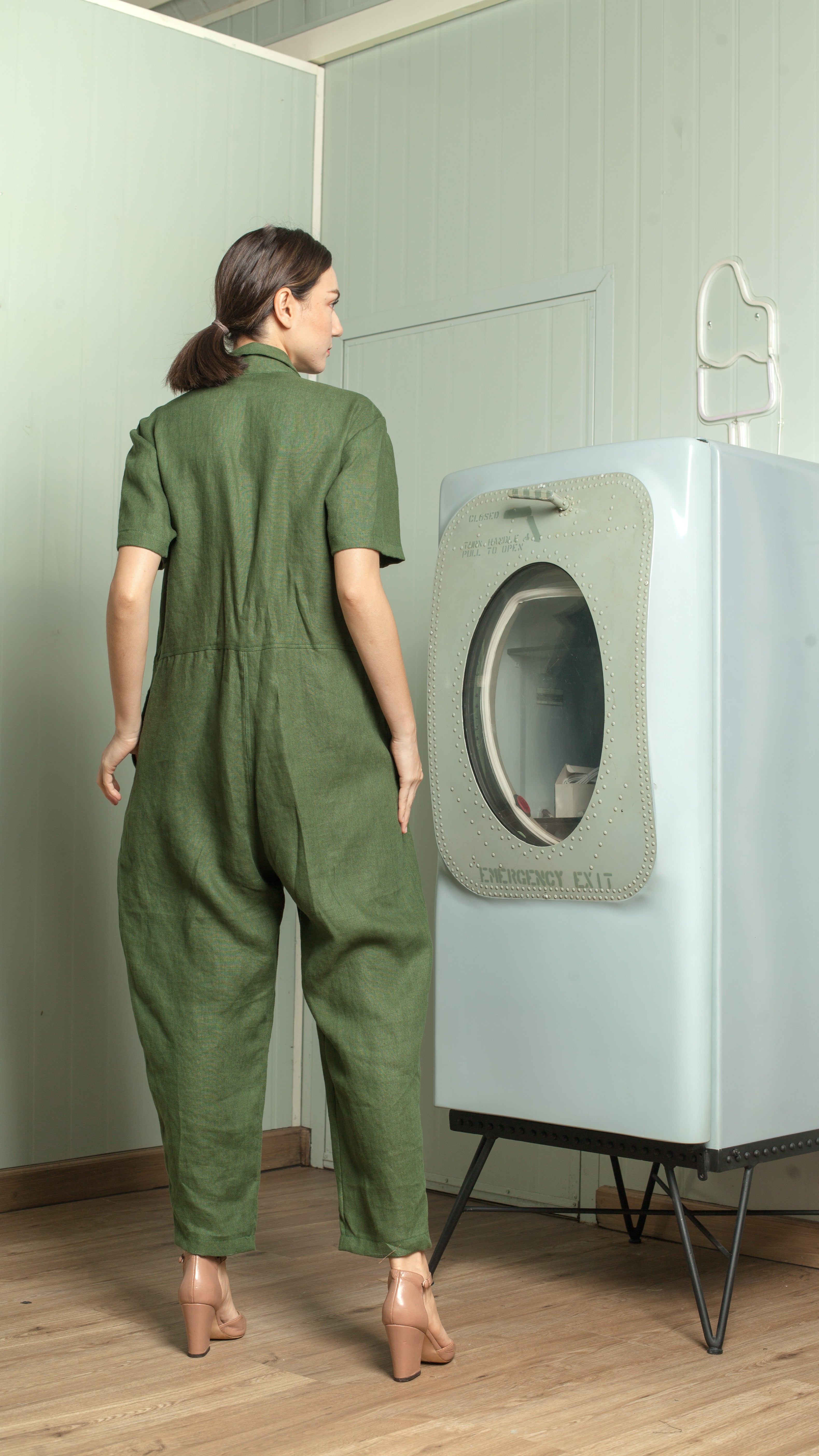 Oversized Short Sleeve Baggy Jumpsuit — Army Green