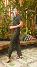 Load image into Gallery viewer, Short Sleeve Tapered Jumpsuit — Black Eyelet
