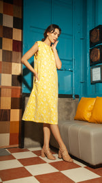 Load image into Gallery viewer, Wide Wrap Belt Dress — Yellow Floral
