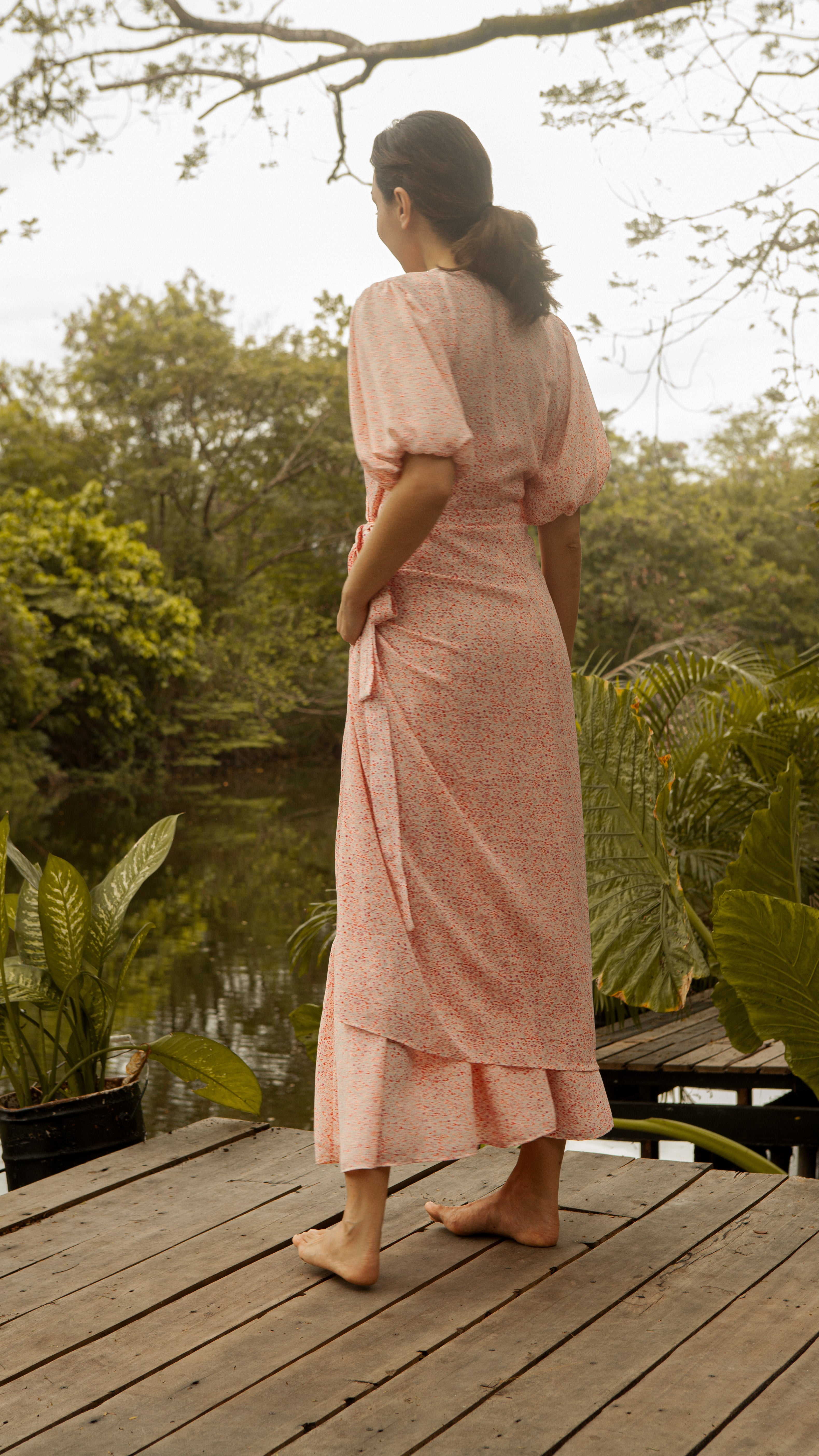 Short Mushroom Sleeve Wrap Long Dress — Floral