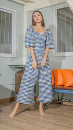 Load image into Gallery viewer, Double Front Pleat Wide Leg Pants in White and Blue Gingham Linen
