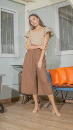 Load image into Gallery viewer, Single Button Front Zip Flat Front Waistband Back Elastic Wide Hem Pants — Dark Brown
