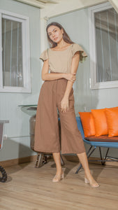 Single Button Front Zip Flat Front Waistband Back Elastic Wide Hem Pants — Dark Brown