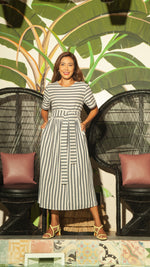 Load image into Gallery viewer, Shirred Waist Stripe Dress — Horizontal Blue on Top
