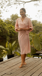 Load image into Gallery viewer, 3/4 Mushroom Sleeve Wrap Midi Dress — Floral
