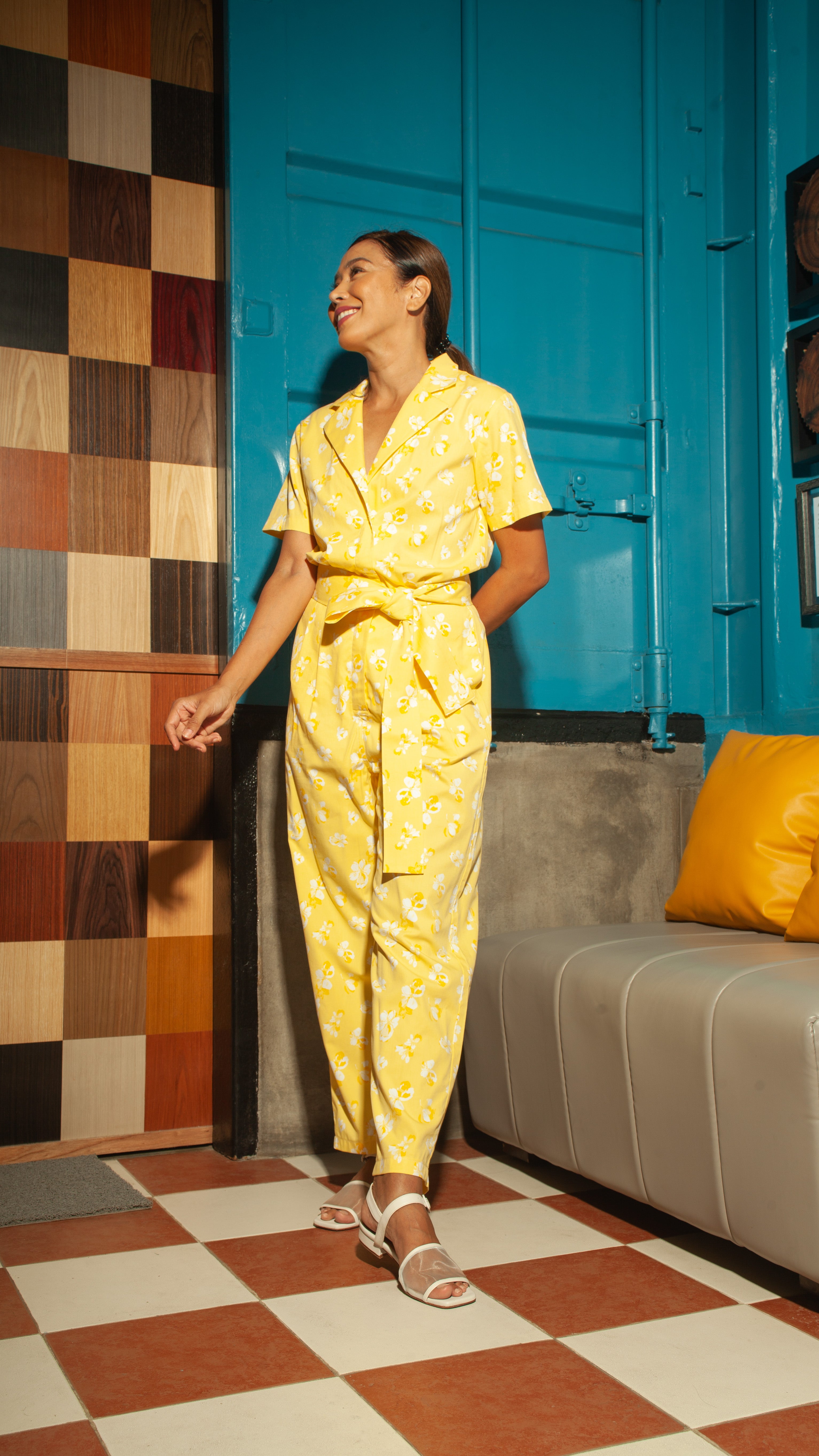 Front Zip Lapel Tapered Jumpsuit — Yellow Floral