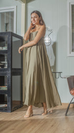 Load image into Gallery viewer, Spaghetti Strap Balloon Dress in Fatigue Green Linen
