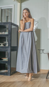 Spaghetti Strap Balloon Dress in Linen Chambray