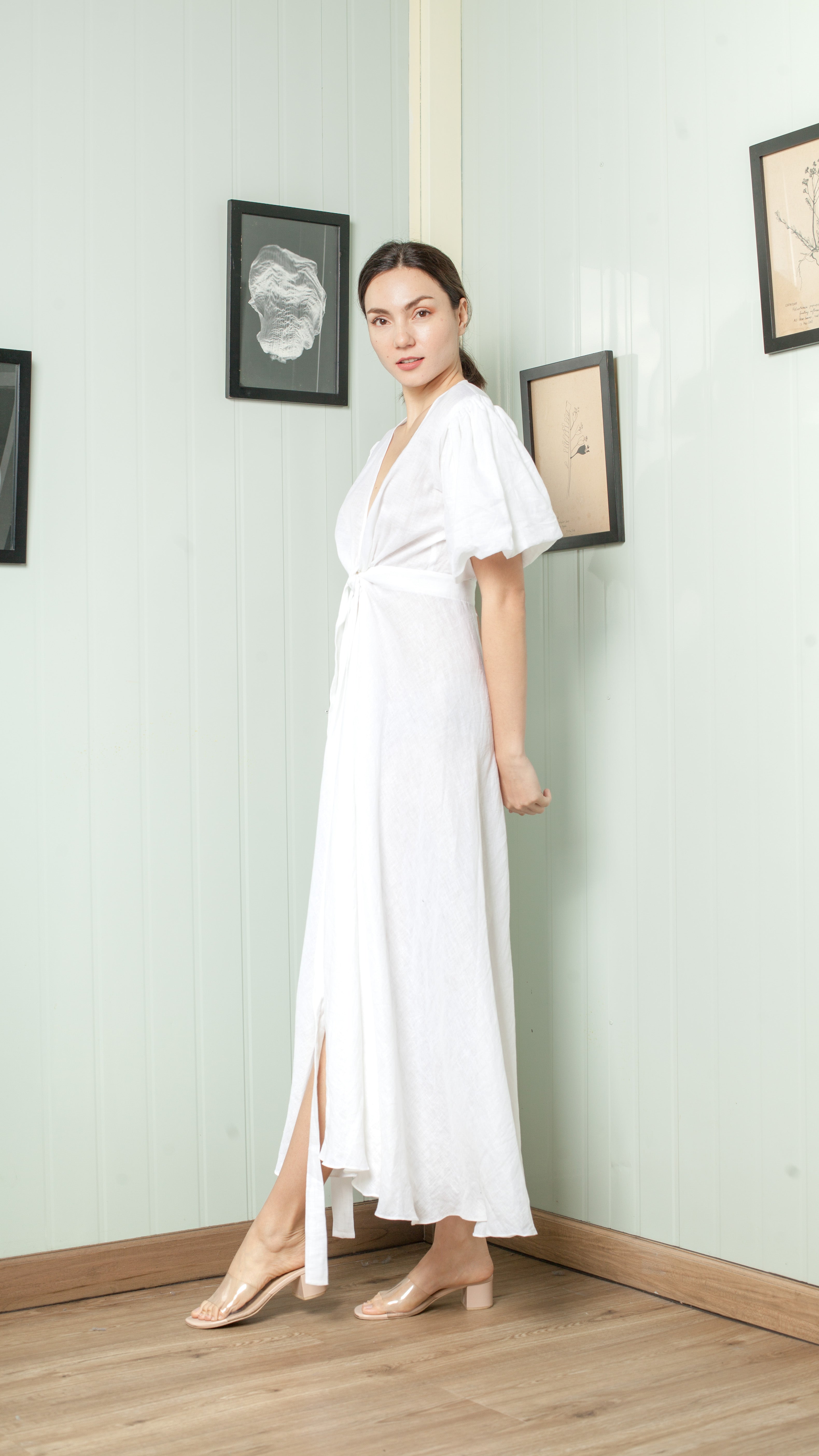 Short Mushroom Sleeve Wrap Long Dress — White