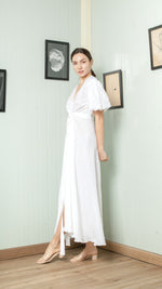 Load image into Gallery viewer, Short Mushroom Sleeve Wrap Long Dress — White
