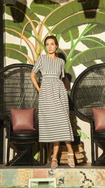 Load image into Gallery viewer, Shirred Waist Stripe Dress — Vertical Blue on Top

