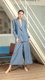 Load image into Gallery viewer, Single Button Wide Hem Elastic Pants — Blue
