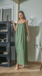 Load image into Gallery viewer, Tie Back Ribbon Dress in Green Lightweight Cotton Weave
