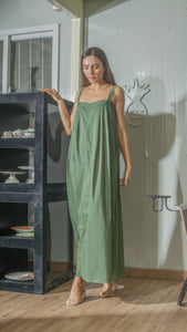 Tie Back Ribbon Dress in Green Lightweight Cotton Weave