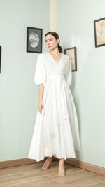 Load image into Gallery viewer, 3/4 Mushroom Sleeve Wrap Long Dress — White
