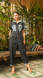 Load image into Gallery viewer, Elastic Waist Oversized Short Sleeve Baggy Jumpsuit — Dark Blue / Light Blue
