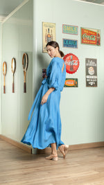 Load image into Gallery viewer, 3/4 Mushroom Sleeve Open Back Wrap Long Dress — Azure Blue
