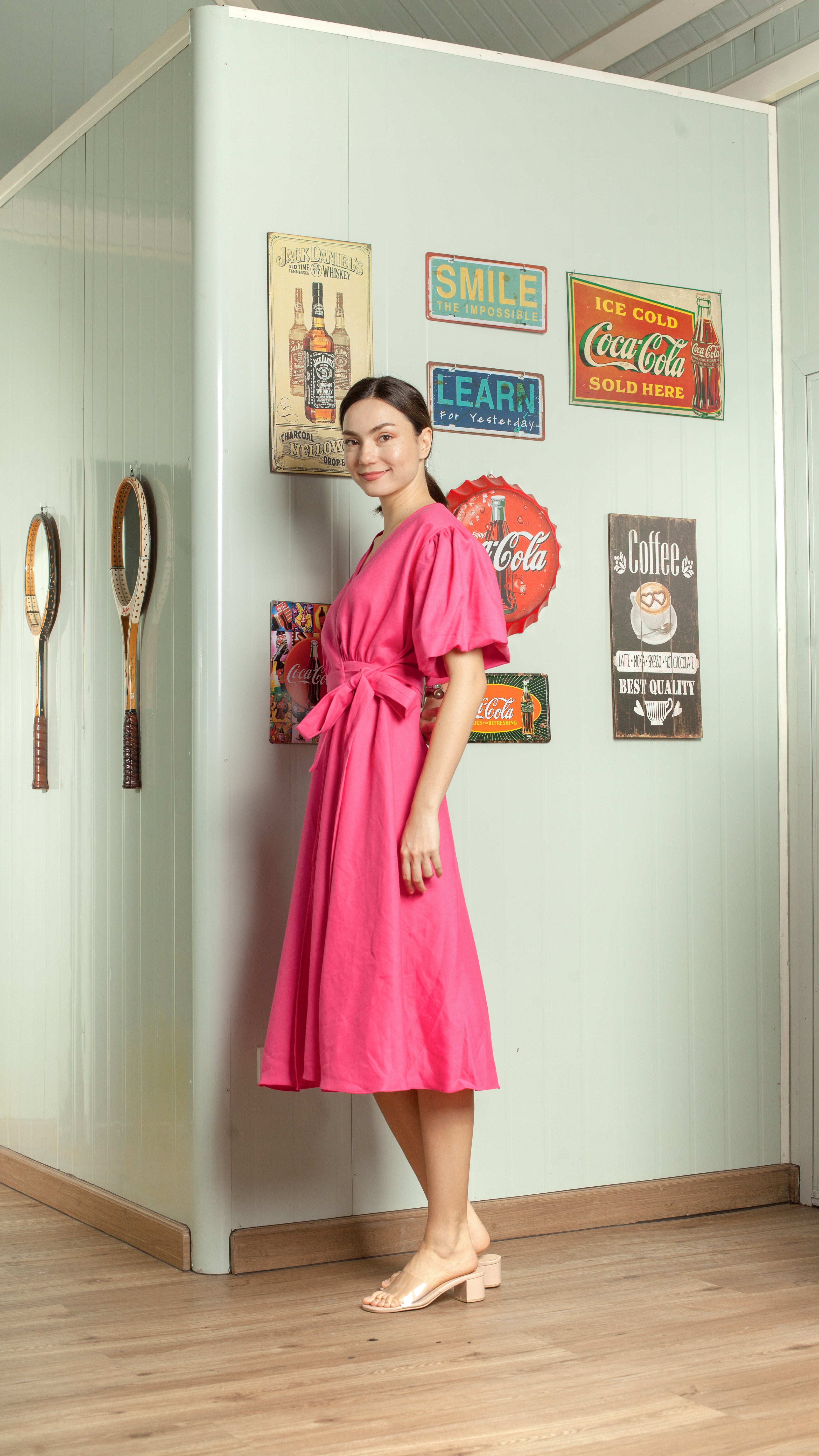 Short Mushroom Sleeve Wrap Midi Dress — Hot Pink