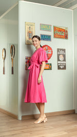 Load image into Gallery viewer, Short Mushroom Sleeve Wrap Midi Dress — Hot Pink
