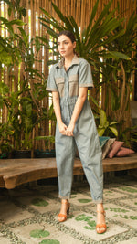 Load image into Gallery viewer, Elastic Waist Oversized Short Sleeve Baggy Jumpsuit — Light Blue / Light Brown
