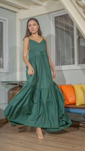 Double Strap V-Neckline Long Dress in Plant Lightweight Cotton Weave
