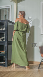 Load image into Gallery viewer, Flounce Cutout Sleeve Double Slit Front Dress in Fatigue Green Crepe
