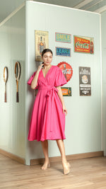 Load image into Gallery viewer, Short Mushroom Sleeve Wrap Midi Dress — Hot Pink
