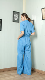 Load image into Gallery viewer, Four Button Lapel Wide Hem Jumpsuit — Azure Blue
