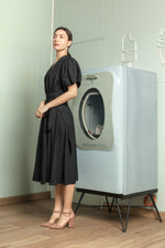 Load image into Gallery viewer, Short Mushroom Sleeve Wrap Midi Dress — Black
