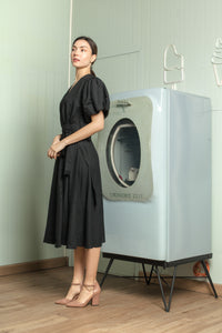 Short Mushroom Sleeve Wrap Midi Dress — Black