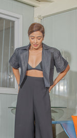 Load image into Gallery viewer, Oversized Lapel Crop Top in Blue Denim
