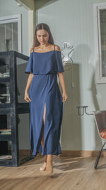 Load image into Gallery viewer, Flounce Cutout Sleeve Double Slit Front Dress in Navy Blue Crepe
