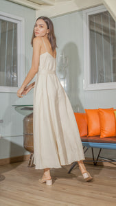 Spaghetti Strap Balloon Dress in Beige Linen