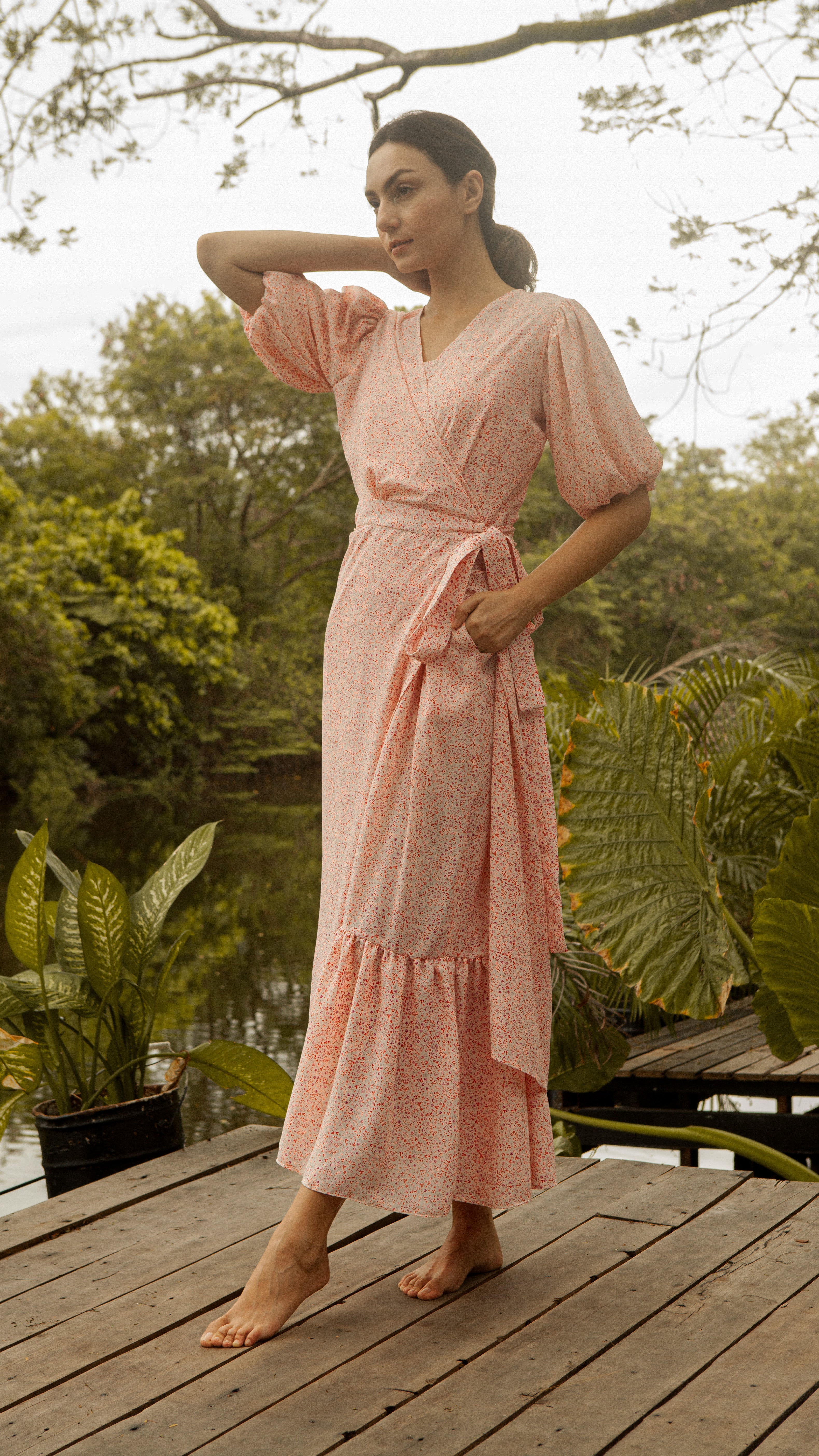 Short Mushroom Sleeve Wrap Long Dress — Floral